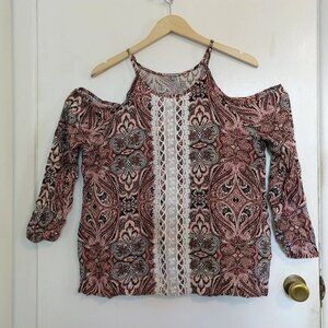 Paisley Tapestry Print Cold Shoulder Lace Trim Front Top Charlotte Russe L Boho